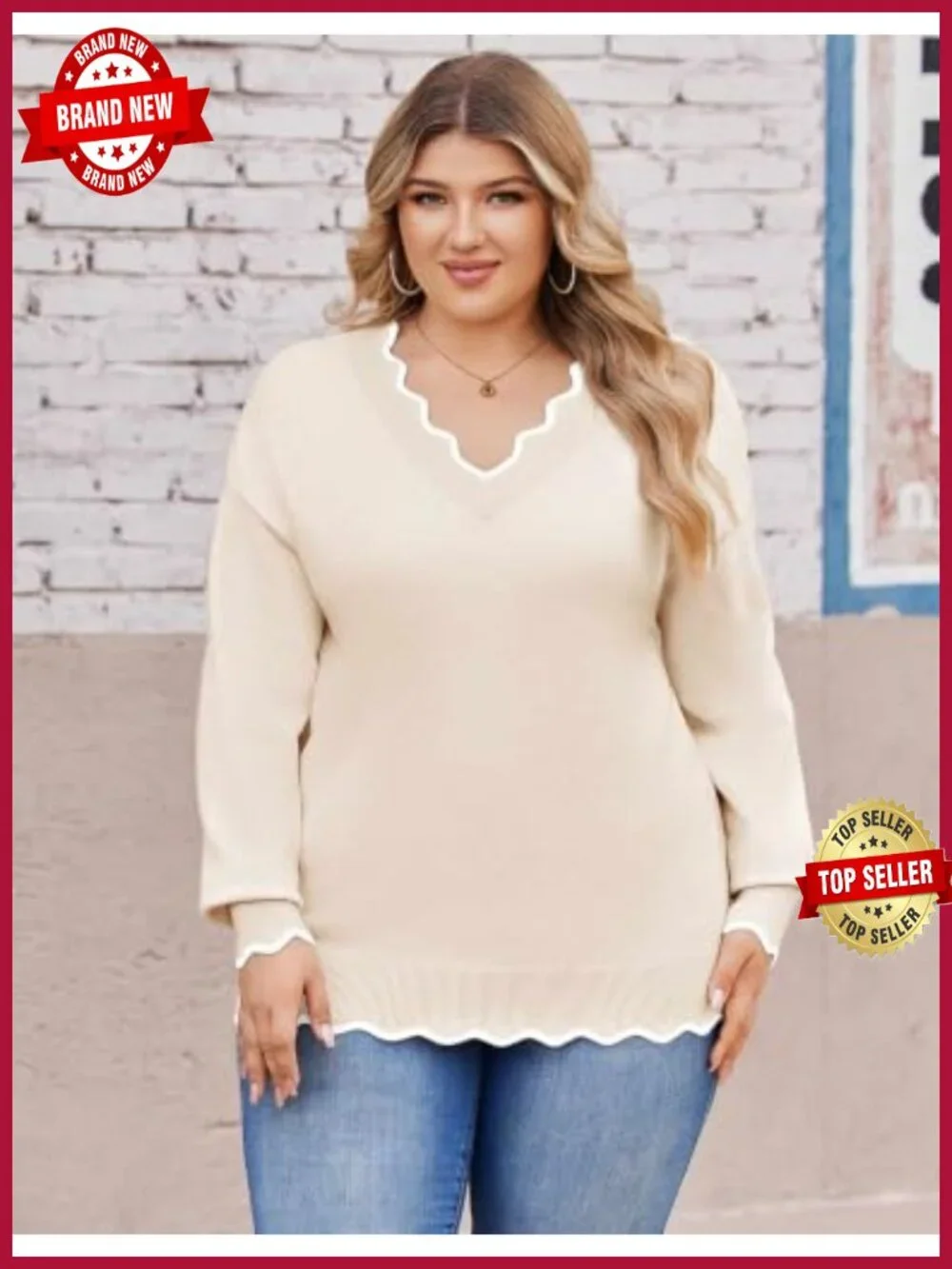 Plus Size V-Neck Sweater Long Sleeve Lightweight Knit Pullover